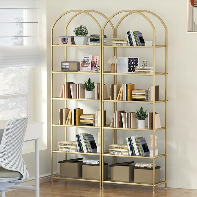 Homhedy Bookshelf Arched Display Racks,Metal Bookcase,Tempered Glass Shelves,Storage Rack Shelf for Home Office,Living Room,Bedroom, Bathroom,Modern Style (Golden, 11.8