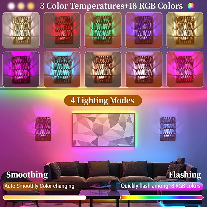 Boho Wall Decor Battery Operated Wall Sconce Set of 2, 18 RGB Colors Wall Lights Changeable Dimmable Wireless Wall Sconces for Bedroom Living Room Hallway, Natural Hemp Rope Boho Decor