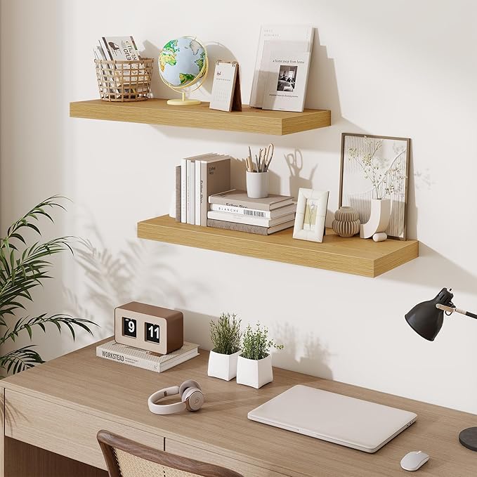 Fun Memories 32 x 10 Floating Shelves Wall-Mounted - Rustic Wood Shelf - 10 Inch Deep Floating Shelves for Wall - Large Storage Shelf for Bathroom - Kitchen & Bedroom - Oak - Set of 2