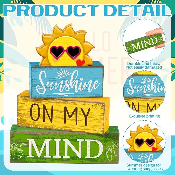 4 Pcs Summer Table Decor Wooden Sunshine Beach Tiered Tray Decor Rustic Farmhouse Sunshine Block Signs Gifts Summer Table Centerpieces for Home Kitchen Coffee Bar Shelf Office Decorations