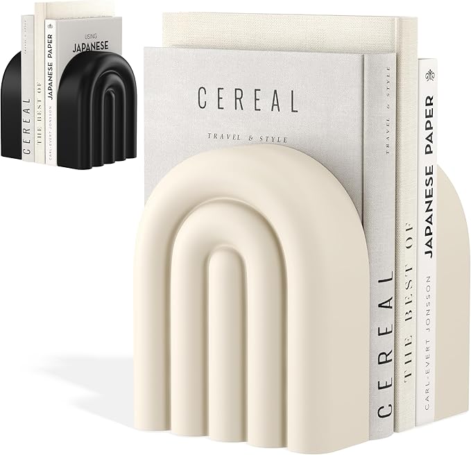 Concrete Book Ends for Shelves [Heavy Duty BOOKENDS] - Bookends Decorative for Heavy Books - Modern Trendy Book Ends - Book Stopper for Shelves - Book Holders for Shelves (White Bookends)