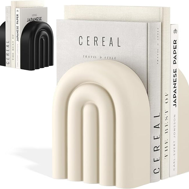 Concrete Book Ends for Shelves [Heavy Duty BOOKENDS] - Bookends Decorative for Heavy Books - Modern Trendy Book Ends - Book Stopper for Shelves - Book Holders for Shelves (White Bookends)