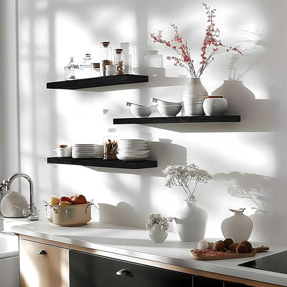 24 Inch Floating Shelves for Wall Rustic Black Wood Wall Shelves for Bedroom Set of 4