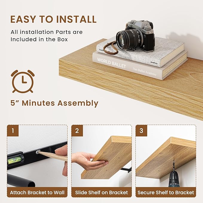 fuqing Floating Shelves for Wall, Wall Mounted Wood Floating Shelf with Invisible Brackets for Living Room, Bathroom, Bedroom, Kitchen Storage and Decor, 55 Inch Set of 2, Oak