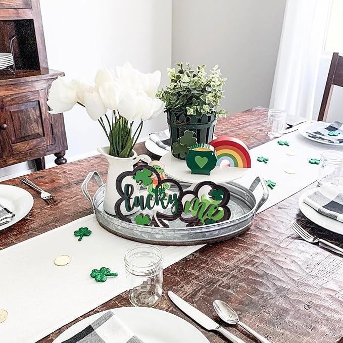 Wooden Shamrock Centerpiece Lucky Me Table Decorations St. Patrick's Day Tiered Tray Decor Farmhouse Home Office Coffee Bar Kitchen Table Decor
