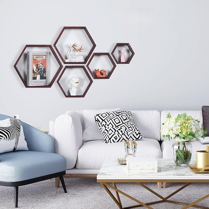 PHOENANCEE Hexagon Floating Shelves,Wall Mounted Wood Farmhouse Storage Honeycomb Wall Shelf Set of 5,for Bathroom, Kitchen, Bedroom, Living Room,Office,Driftwood Finish (Walnut)