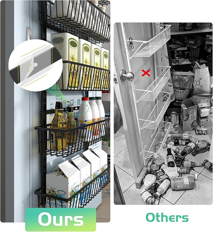 Over The Door Pantry Organizer, Pantry Organization and Storage, 6-Tier Deep Baskets Hanging Heavy-Duty Metal, Wall Spice Rack Seasoning Shelves for Home & Kitchen, Laundry Room Bathroom, Black
