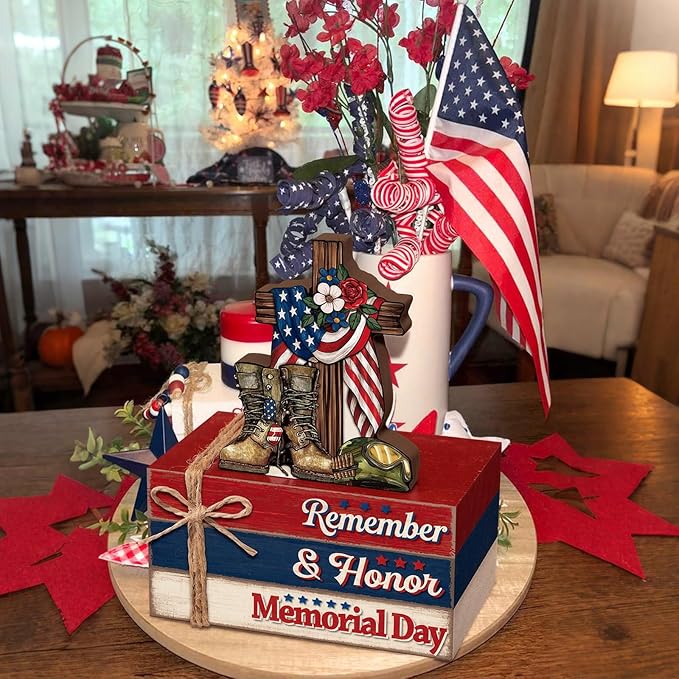 Geelin 4 Pcs Memorial Day Wooden Book Stack Decorations, Patriotic Tabletop Book Sign Set with Boots Cross Helmet and Flag, Rustic Red White Blue Tiered Tray Decor for Home, Office, Veterans Day