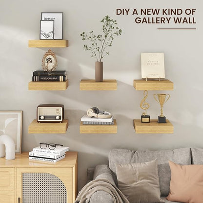 Square Floating Shelves for Wall, 12" W x 12" D x 2" H, 2 Pack of Small Wall Mounted Engineered Wood Shelves with Invisible Brackets for Living Room, Bedroom, Bathroom, Kitchen Decor, Oak