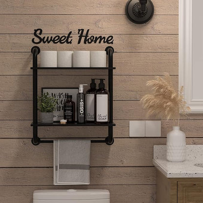 Bathroom Shelves Wall Mounted, Rustic Farmhouse Pipe Shelves, Wall Shelves 2-Tier, Industrial Pipe Shelving, Floating Shelf Decor for Bathroom, Bedroom, Living Room Thanksgiving 17.3in Black