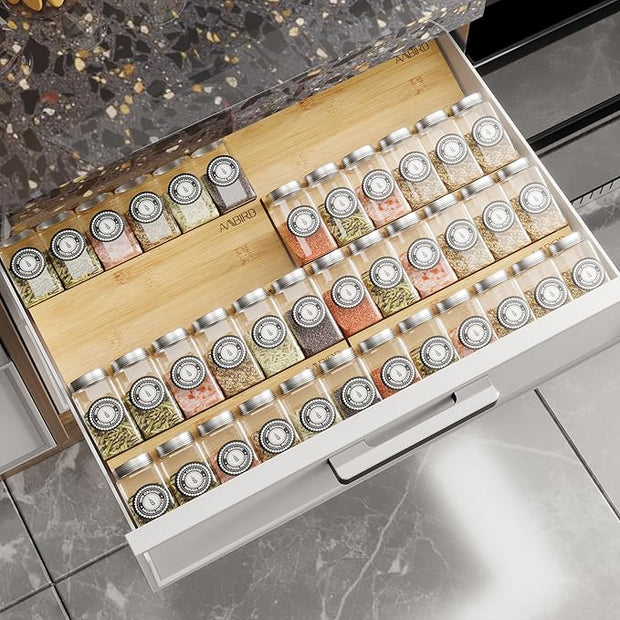 AMBIRD Bamboo Spice Drawer Organizer with Non-slip Mat,4 Tier - 2 Set Jar Spice Rack Tray From 12''to 24'',Hold up 48 Jars Seasoning Organizer for Kitchen,Cabinet,Drawers,Countertop