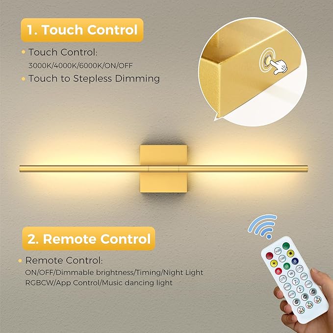 L LOHAS LED Battery Operated Wall Sconces Set of 2, Battery Wall Sconce 10000mAh, Gold Rechargeable Sconces 3CCT + RGB, 28.7 Inch Wireless Wall Lights, Sconce Wall Decor for Bedroom, Living Room