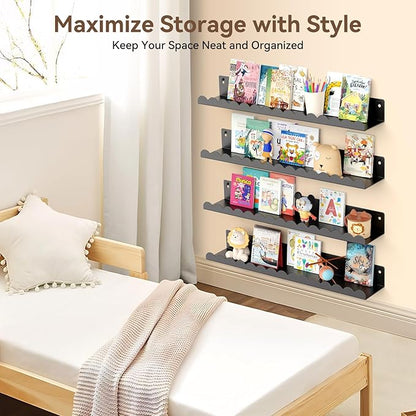 Floating Shelves for Wall, 23 Inch Metal Nursery Book Shelves 4 Pack, Wall Mounted Book Shelf for Kids Room, Bedroom, Bathroom, Playroom Decor (Black)