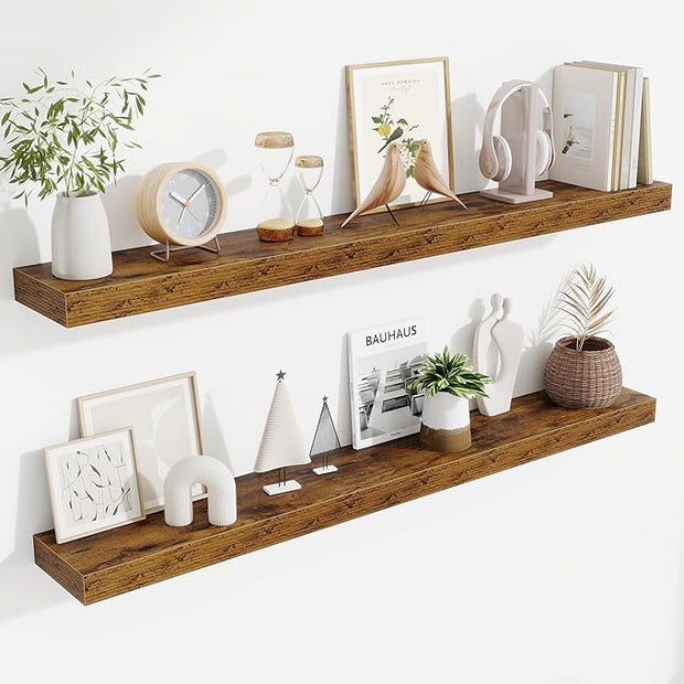 Fun Memories Floating Shelves 48 Inch, Extra Large Wood Shelf Set of 2, Hanging Wall Shelves for Bathroom, Living Room, Kitchen, Bedroom, Rustic Brown