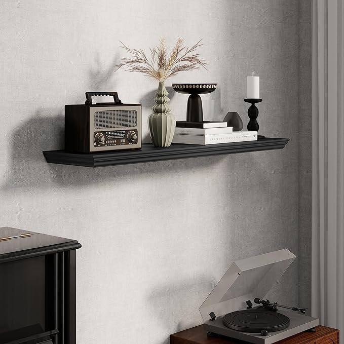 Fun Memories Floating Shelves 40 Inch Long, 9.3 Inch Deep Classic Crown Molding Floating Shelves for Wall, Rustic Wooden Shelves for Wall Decor Bathroom, Kitchen, Office, (Black, 1Pack)