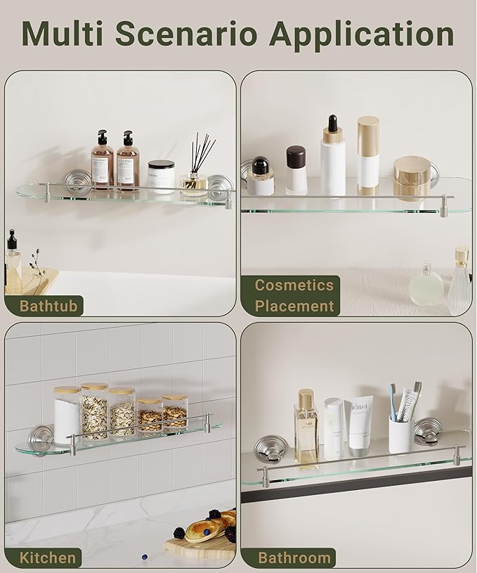 20inch Glass Shelf for Bathroom, Brushed Nickel Bathroom Glass Shelves Wall Mounted, Stainless Steel Floating Glass Shelves Modern