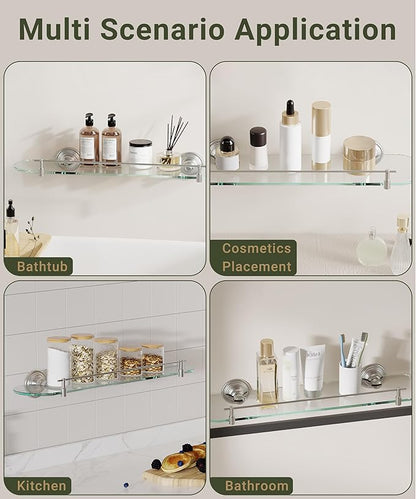 20inch Glass Shelf for Bathroom, Brushed Nickel Bathroom Glass Shelves Wall Mounted, Stainless Steel Floating Glass Shelves Modern