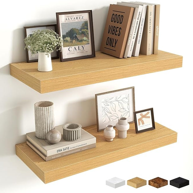 Fun Memories 24 x 10 Floating Shelves Wall-Mounted - Rustic Wood Shelf - 10 Inch Deep Floating Shelves for Wall - Large Storage Shelf for Bathroom - Kitchen & Bedroom - Oak - Set of 2