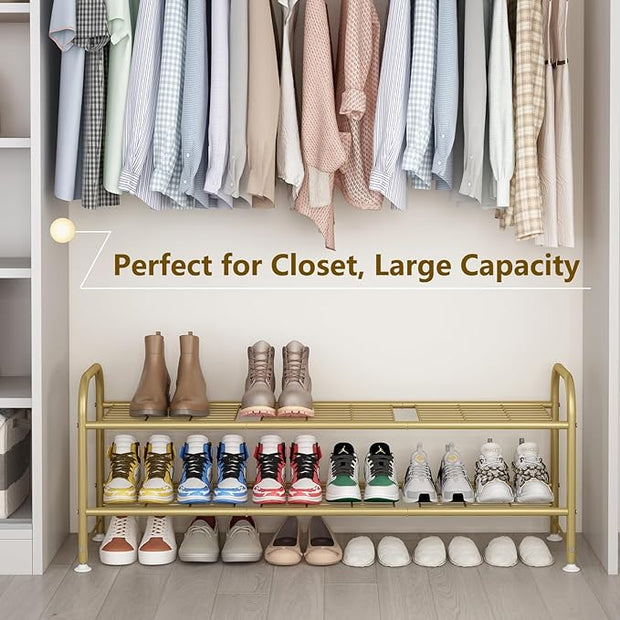 LINZINAR Shoe Rack Long 2 Tier Shoe Storage Organizer Metal Wide Shoe Shelf for Closet Entryway Bedroom 18 Paris Large Capacity, Gold