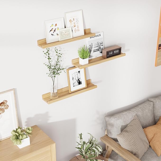 RICHFOCUS Floating Shelves for Wall, 24 inch Solid Wood Picture Ledge Shelf for Wall Storage, Nursery Book Shelves with Lip for Living Room Bathroom Bedroom Kitchen, Set of 3, Natural