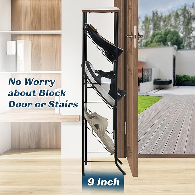 LOFTEY Shoe Rack, 4 Tier Slanted Shoe Stand, Narrow Shoe Rack for Entryway, Small Space, Slim Shoe Storage with Top Shelf, Rustic Brown