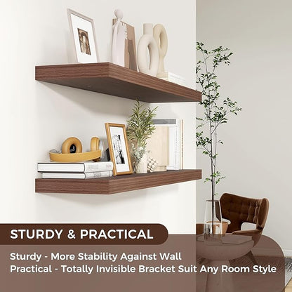 Floating Shelves for Wall 36"W x 7.8"D x 1.5"H, Engineered Wood Wall Shelves with Invisible Brackets for Living Room Bedroom Bathroom Office Kitchen Decor and Storage, Walnut Finish, Set of 2