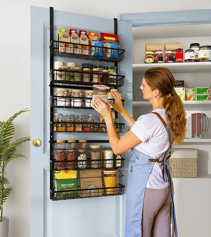 Over The Door Pantry Organizer, Pantry Storage and Organization, 6-Tier Adjustable Hanging Baskets, Metal Wall Mount Spice Rack Seasoning Shelves for Home & Kitchen, Laundry Bathroom - Black