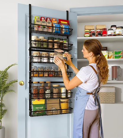 Over The Door Pantry Organizer, Pantry Storage and Organization, 6-Tier Adjustable Hanging Baskets, Metal Wall Mount Spice Rack Seasoning Shelves for Home & Kitchen, Laundry Bathroom - Black