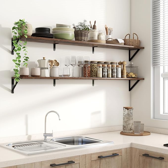 Axeman 55 Inch Floating Shelves | 8 Inch Deep Brown Wall Shelves Set of 2 | 55" W x 8" D Rustic Brown Wood Shelves for Bathroom Kitchen Living Room