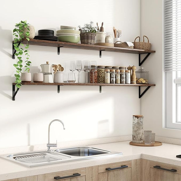 Axeman 55 Inch Floating Shelves | 8 Inch Deep Brown Wall Shelves Set of 2 | 55" W x 8" D Rustic Brown Wood Shelves for Bathroom Kitchen Living Room