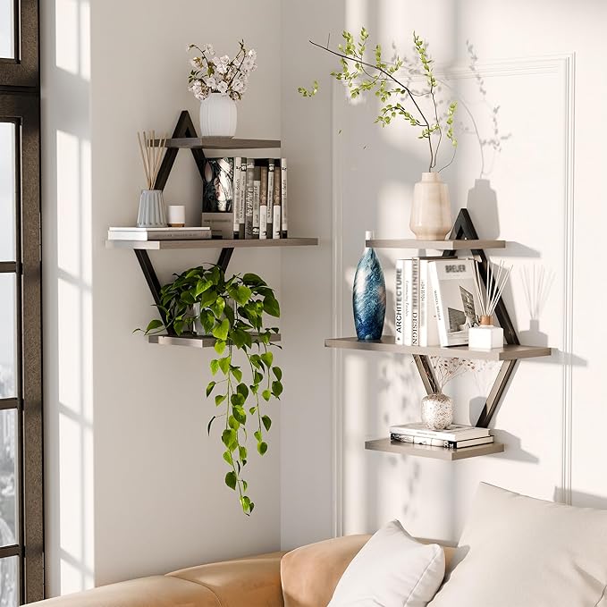Floating Shelves, Wall Shelf Set of 2, Wall Mounted Shelves, 3-Tier Hanging Wall Shelves for Bathroom, Living Room, Bedroom, Kitchen, Office (Gray)