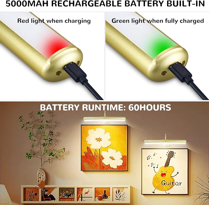 2Pack-Picture Light for Wall Artwork Rechargeable 5000mAh Painting Light with Controller, WARM/NATURE/COOL Colors,Dimmable 400LM Full Metal Wall Sconces Lamp Led for Picture Portrait Gallery-Gold