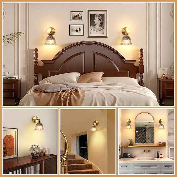 Vintage Battery Operated Wall Sconce with Amber Ripple Glass Lampshade Rechargeable Battery Powered Wall Light with Remote Control for Bedside Bedroom Bathroom, Set of 1