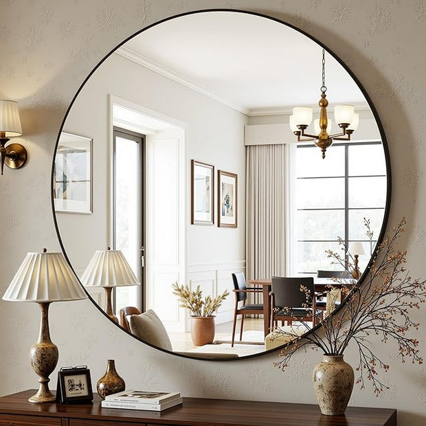 Antok 30 Inch Round Mirror for Wall, Round Bathroom Mirror, Circle Wall Mirrors with Black Metal Frame, Circle Mirrors Suitable for Wall, Bathroom, Vanity, Living Room, Entryway