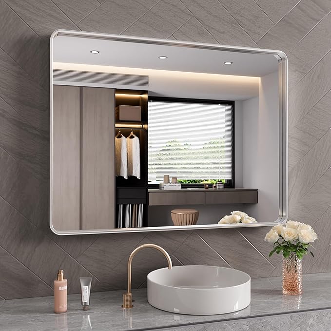 Brushed Nickel Bathroom Mirror 48x32 Inch, Brushed Silver Metal Frame Mirror Wall Mounted, Rounded Rectangle Bathroom Vanity Mirror, Tempered Glass, Anti-Rust, Horizontal/Vertical