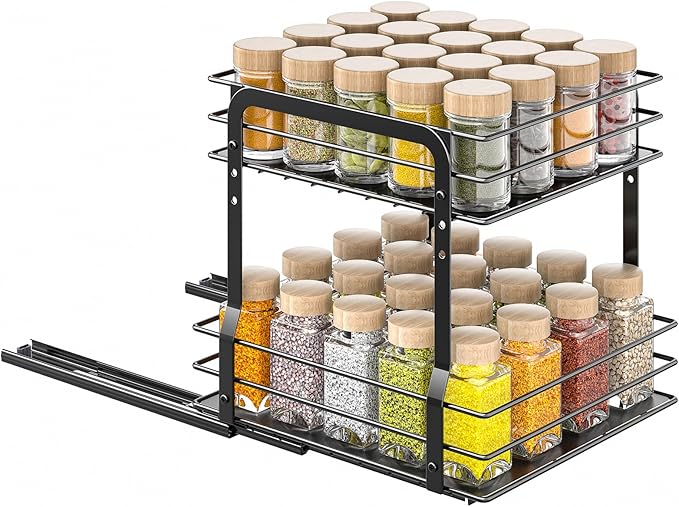 Pull Out Spice Rack Organizer for Inside Cabinet, 2 Tier Metal Spice Organization for Cabinet, 9.65