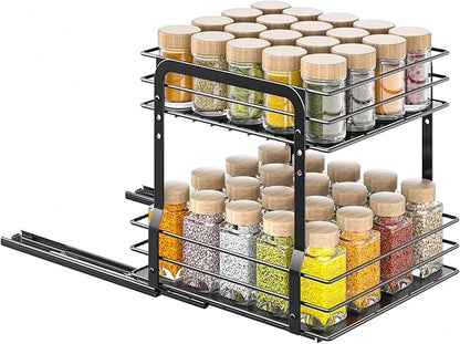 Pull Out Spice Rack Organizer for Inside Cabinet, 2 Tier Metal Spice Organization for Cabinet, 9.65"W x 10.7"D x 10.24"H, Vertical Slide Out Seasoning Organizer (Not for Cabinet with Lip)