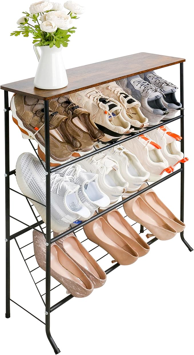 Narrow Shoe Rack for Front Door Entrance,4-Tier Shoes Rack Storage Organizer with 3 Slanted Shelves and Top Shelf for Entryway,Skinny Space Saving Shoe Rack, Black