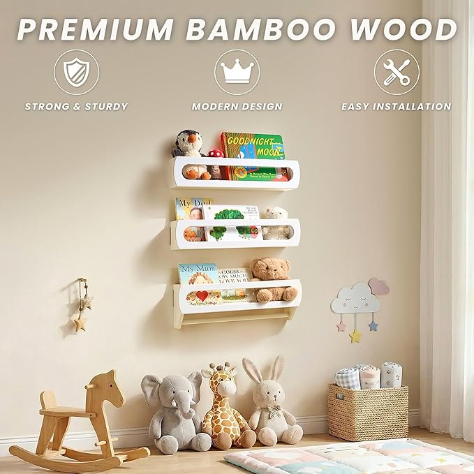 Nursery Book Shelves, Premium Bamboo Wood, Fully Assembled - Nursery Decor, Book Shelf for Kids Rooms, Multi-Use Floating Shelves for Wall with Hanger Bar, Set of 3 (White, 16.5 Inches)
