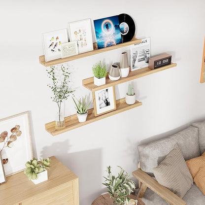 RICHFOCUS Floating Shelves for Wall, 36 inch Solid Wood Picture Ledge Shelf for Wall Storage, Nursery Book Shelves with Lip for Living Room Bathroom Bedroom Kitchen, Set of 3, Natural