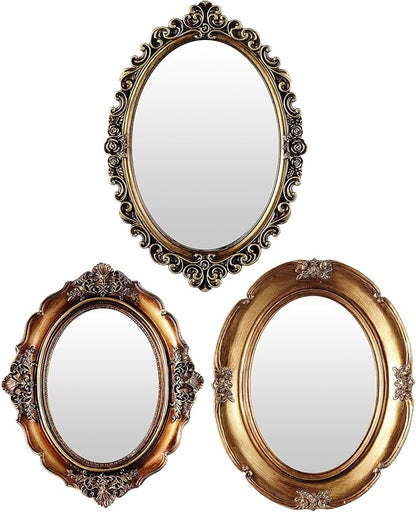 3 Styles Vintage Gold Mirror Set Wall Decorative, Vintage Wall Mirror Antique Hanging and Tabletop with Stand for Living Room Bedroom Dresser, Classic Home Wedding Decor(Retro Style)