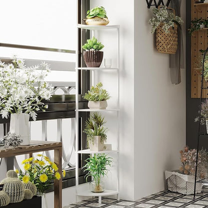SUNMORY 5 Tier Corner Shelf Stand, Industrial 65" Corner Shelves Display Shelf for Living Room Decor, Wall Corner Bookshelf Multi Unit Organizer, Tall Shelf Plant Stand for Bedroom, Bathroom, White