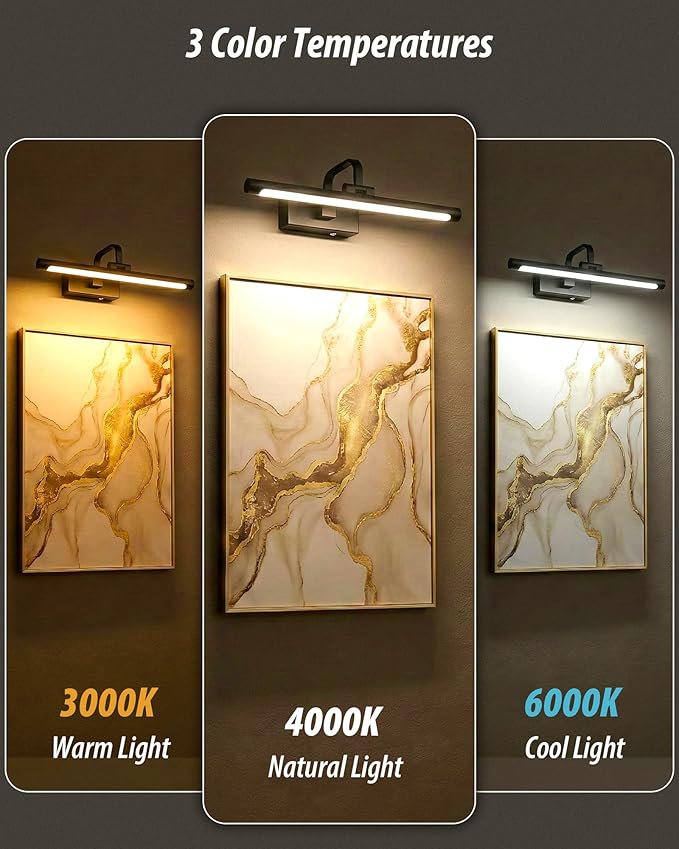 URSOLA 16“ Picture Lights for Wall, Black Battery Operated Picture Frame Light, Dimmable LED Light Over Picture Frame with 3 CCT, Display for Gallery, Living Room, Bedroom, Hallway
