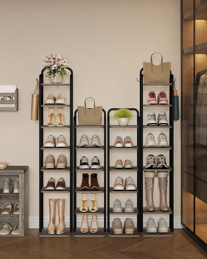 6 Tiers Vertical Shoe Rack, Narrow Shoe Tower, Tall Shoes Shelf with 2 Hooks, Adjustable Shelves, Corner Shoes Shelves for Small Spaces, Entryway, Living Room, Greige, SR04205B