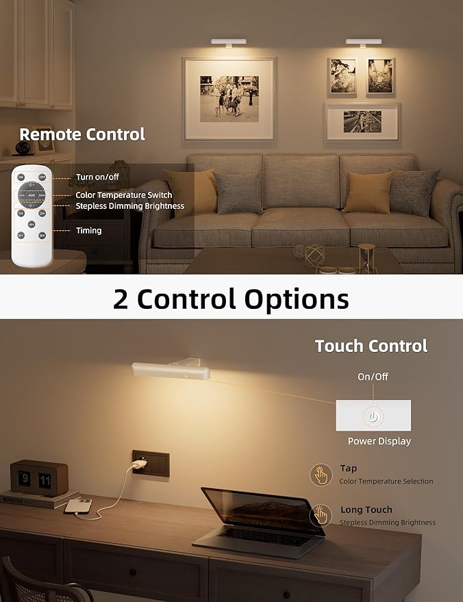 VOLISUN Picture Lights for Wall, Rechargeable Picture Light Battery Operated, 3 Color Temperatures Cordless Picture Light with Remote, Art Lighting for Paintings, Gallery, Portrait, 2 Pack (White)