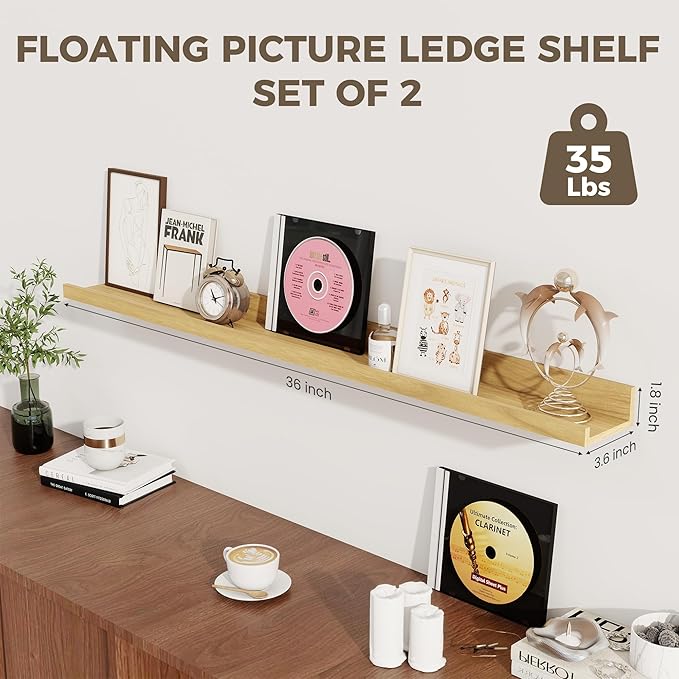 Axeman 36 Inch Floating Shelves | Picture Ledge Shelf Set of 2 | Oak Wall Shelves with Lip | Oak Picture Shelf for Wall with Ledge | Photo Ledges 36 Inch