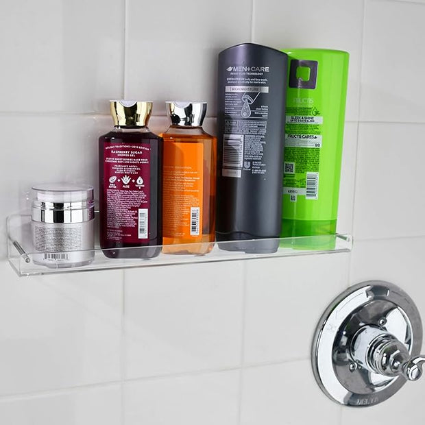 AMT 6 Pack Acrylic Floating Shelves, 15" L x 3.25" W, Clear Bathroom Wall Shelf, Bookshelves, Invisible Display for Office, Bedroom, Small Gap Allows Water to Escape, Free Screws & Drill Bit (Medium)