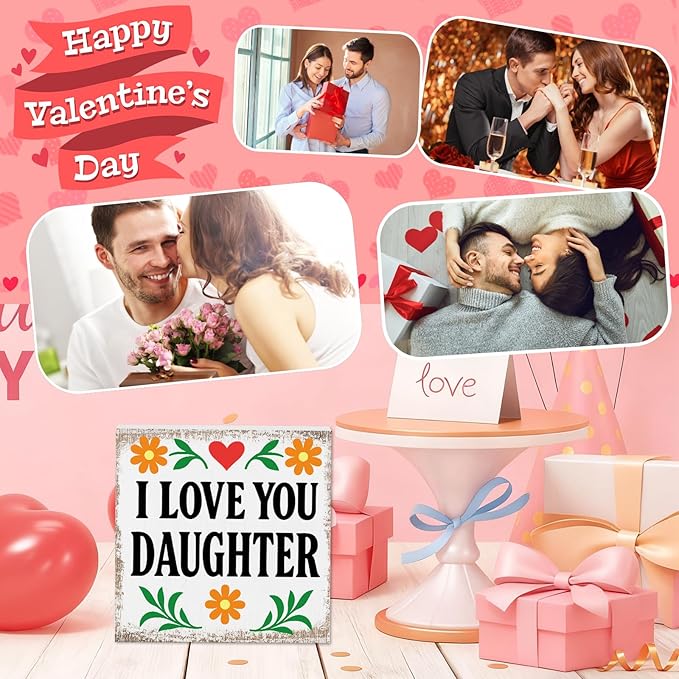 I Love You Daughter Valentines Desk Decor, Valentine's Day Home Office Table Sign for Wife Daughter from Dad Husband, Valentine Gifts Decorations for Porch Tiered Tray Shelf Party