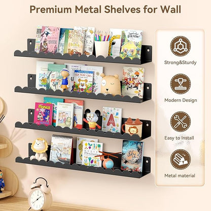 Floating Shelves for Wall, 23 Inch Metal Nursery Book Shelves 4 Pack, Wall Mounted Book Shelf for Kids Room, Bedroom, Bathroom, Playroom Decor (Black)