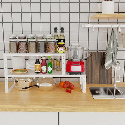 Expandable Cabinet Shelf Organizer Storage Spice Rack Shelves for Kitchen Stackable Adjustable Pantry Cupboard Bathroom Countertop Desktop(2Packs/White/Large-with Hole)